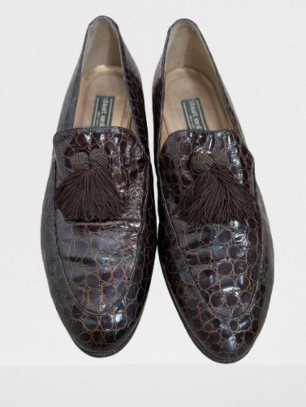 Stuart Weitzman Women's Brown Patent Croc Leather Tassel Loafers Size 12